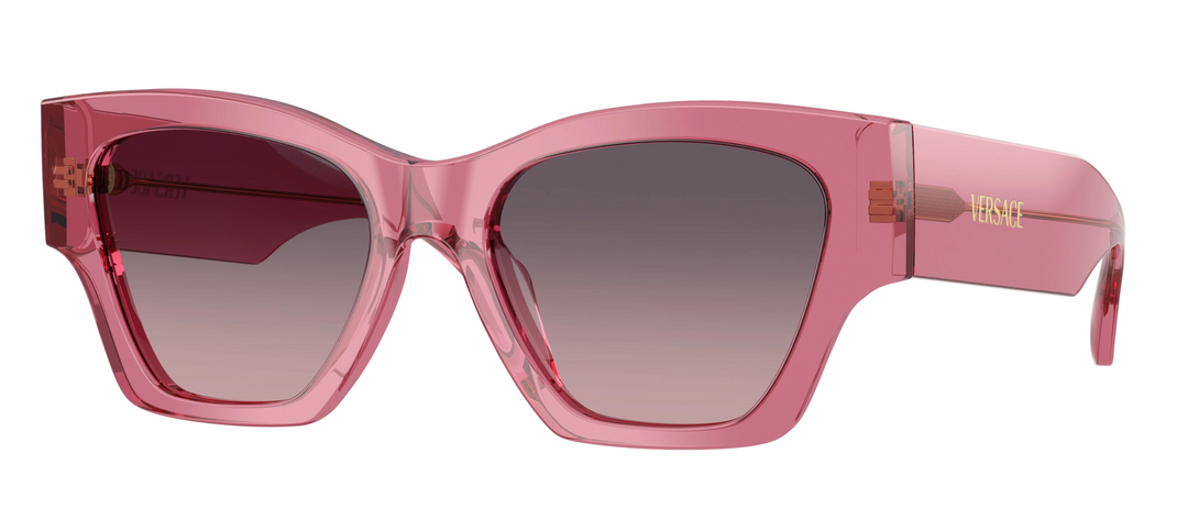 Versace VE4492U pink cat-eye sunglasses with dark lenses and gold logo on temple