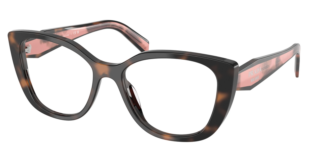 Cat-eye eyeglass frames, mauve tortoise with pink temples
