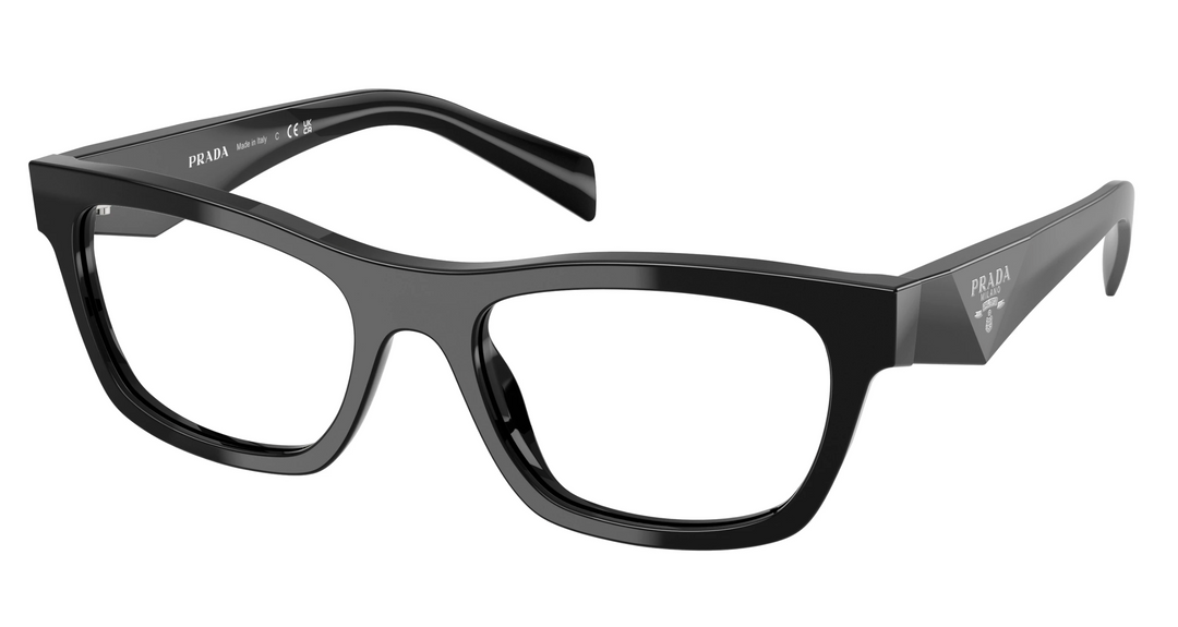 Prada black eyeglass frames with rectangular acetate front