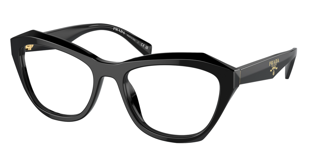Prada black eyeglasses frames, bold rectangular shape with angled temples