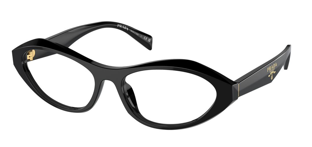 Black cat eye eyeglass frames with Prada logo temples