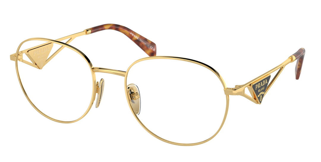 Prada gold round eyeglass frames with brown tortoiseshell temple tips
