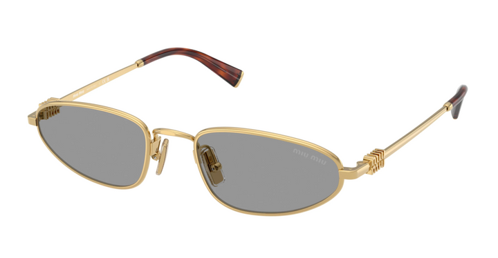 Gold metal oval sunglasses with grey lenses and brown-tinted temple tips