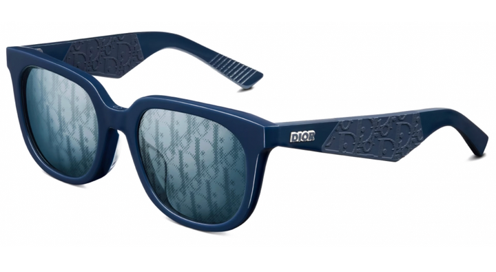 Navy Dior sunglasses with mirror logo lenses, rounded frames and textured temple arms.