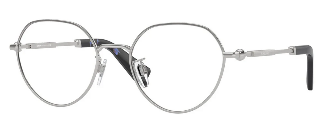 Silver metal round eyeglass frames with slim temples and full-rim design