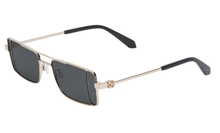 Off White Cortez gold-tone square sunglasses with dark gray lenses and black arms.