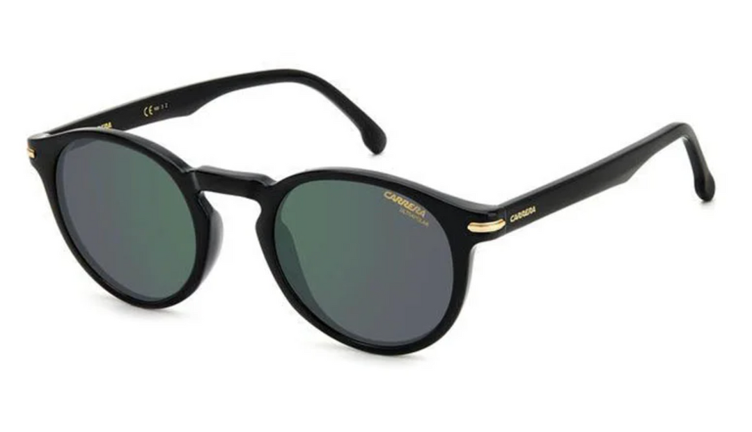 Carrera 301/S round sunglasses with black frames and green mirror polarized lenses