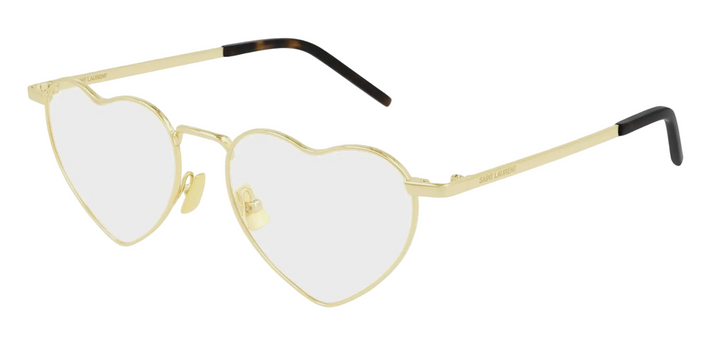 Saint Laurent LouLou optical frames with gold metal, heart-shaped clear lenses, black tips