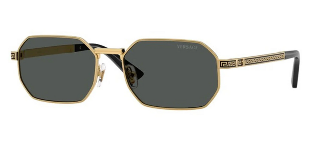 Versace gold hexagon sunglasses with dark gray lenses and patterned temple arms
