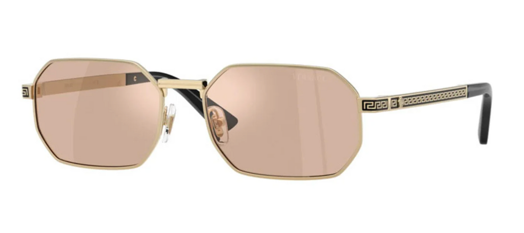 Versace hexagon sunglasses with rose gold frame and rose-tinted mirror lenses