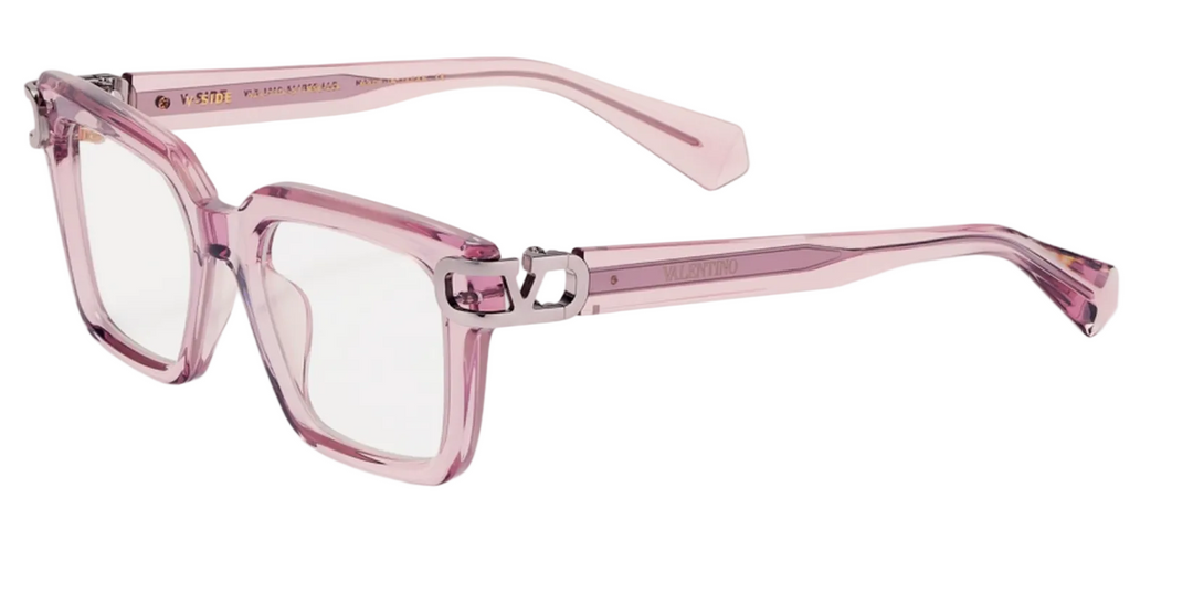 Pink translucent square eyeglasses with clear lenses and metal V logo bridge
