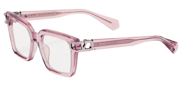 Pink translucent square eyeglasses with clear lenses and metal V logo bridge