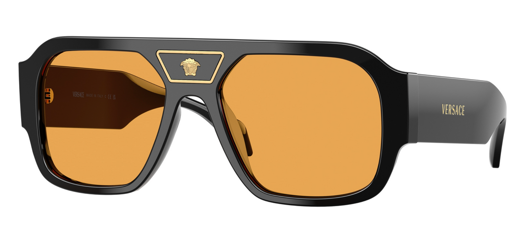 Black aviator sunglasses with orange mirrored lenses, Versace logo on temples