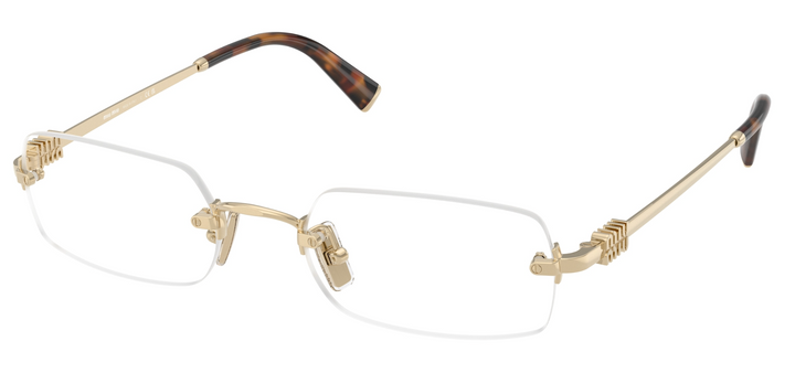 Miu Miu gold rimless eyeglass frames with clear lenses and tortoise temples