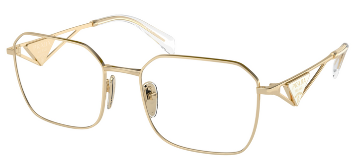 Prada gold eyeglass frames with rectangular lenses and metal temple arms