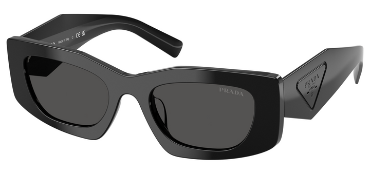 Black PRADA square sunglasses with dark lenses and angular temple logo