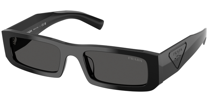 Prada black rectangular sunglasses with dark lenses and logo arms.