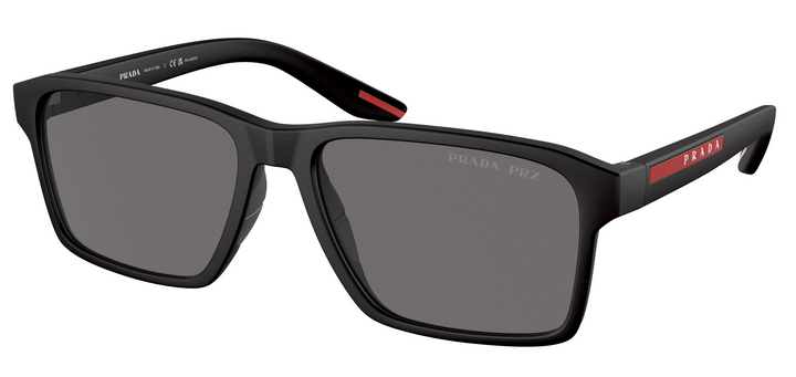 Prada Sport PS05YS black polarized square sunglasses with dark lenses and red temple accents