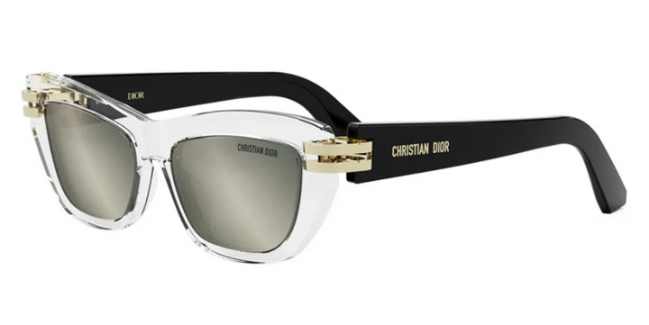 Christian Dior CDior cat-eye sunglasses with clear translucent frame, gold logo detail, gray mirrored lenses