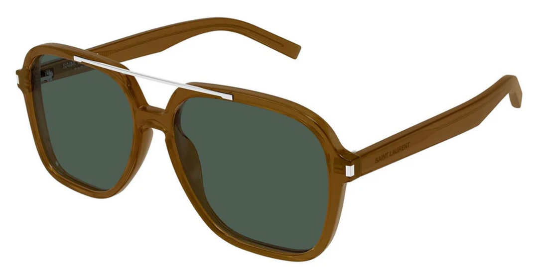 Saint Laurent aviator sunglasses with brown frames and green-tinted lenses