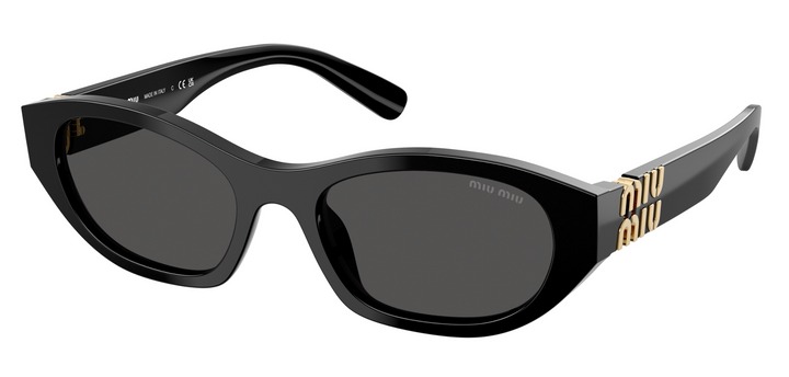 Miu Miu cat-eye sunglasses with black frames and dark lenses, gold logo arms