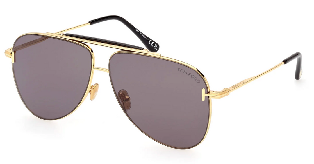Grey aviator sunglasses with dark lenses, gold-tone frame, and thin metal temples