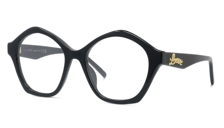 Black curvy eyeglass frame with round lenses and Love logo on temple arm