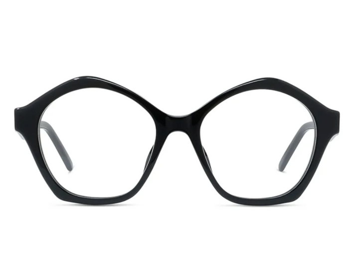 Black round eyeglass frame with curved silhouette and dark temple arms
