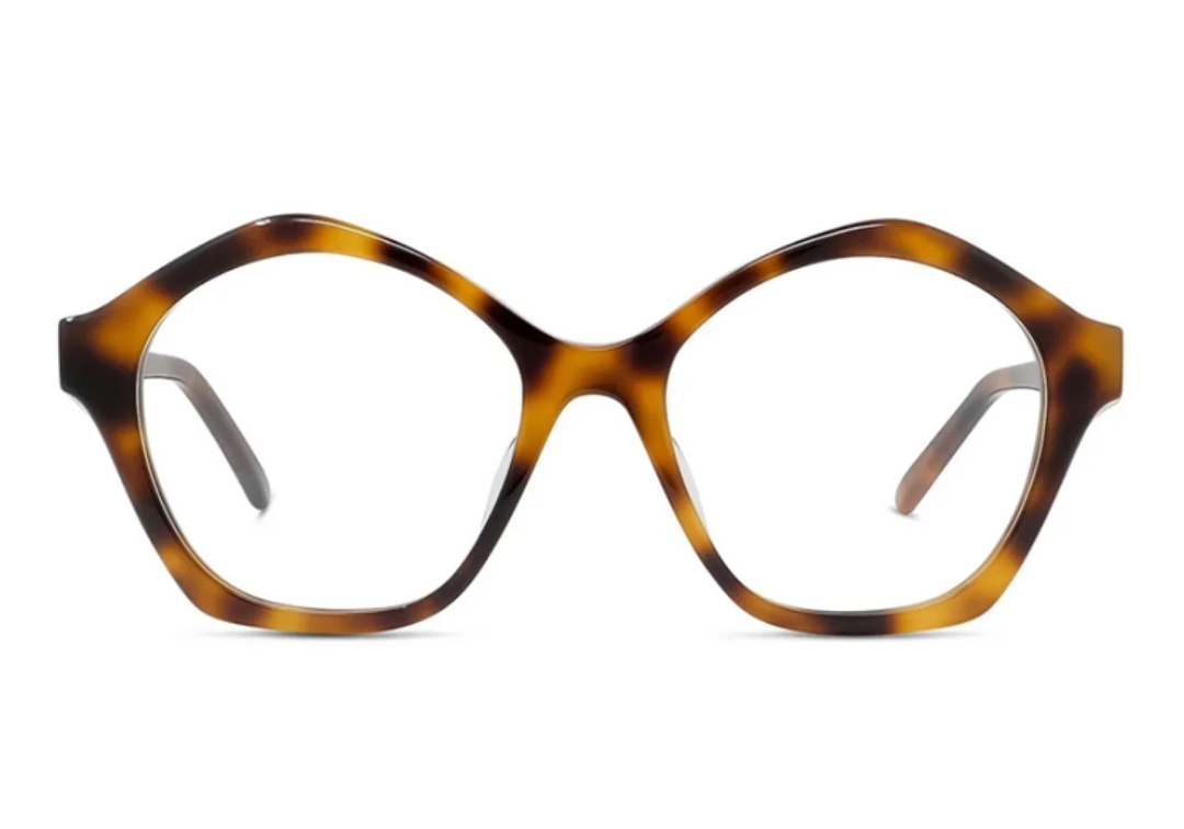 Front view of havana brown round eyeglass frames with thick curved rims