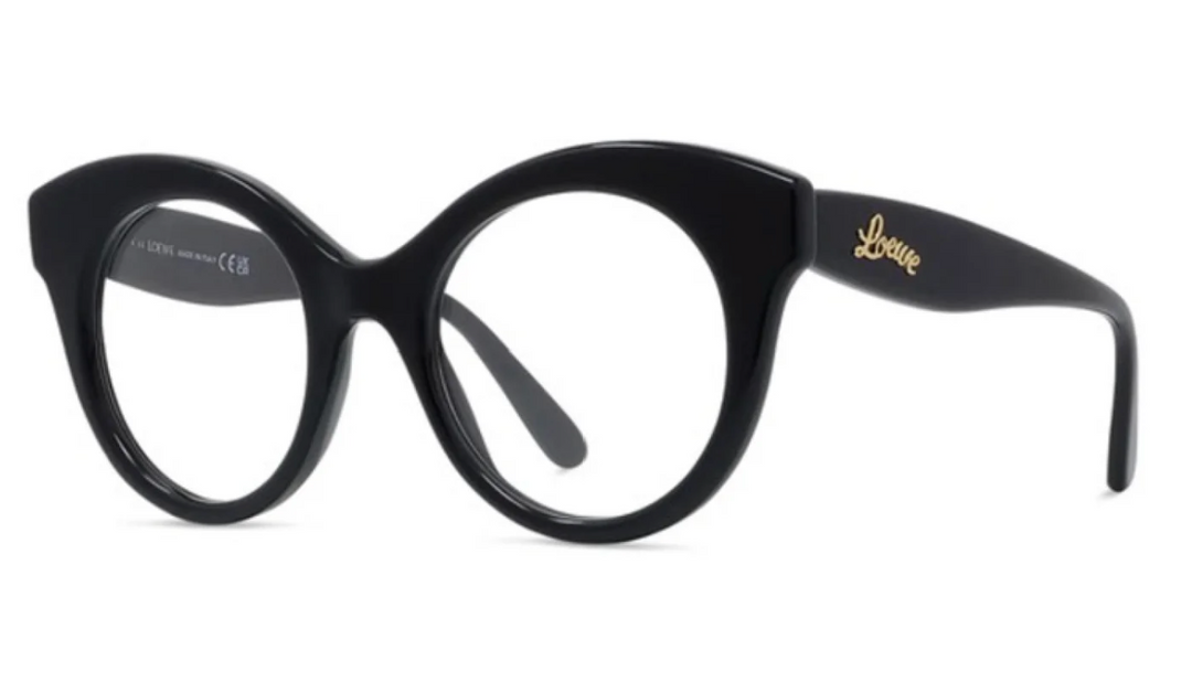 Black thick-rim eyeglasses with round frames and Labue logo on temple