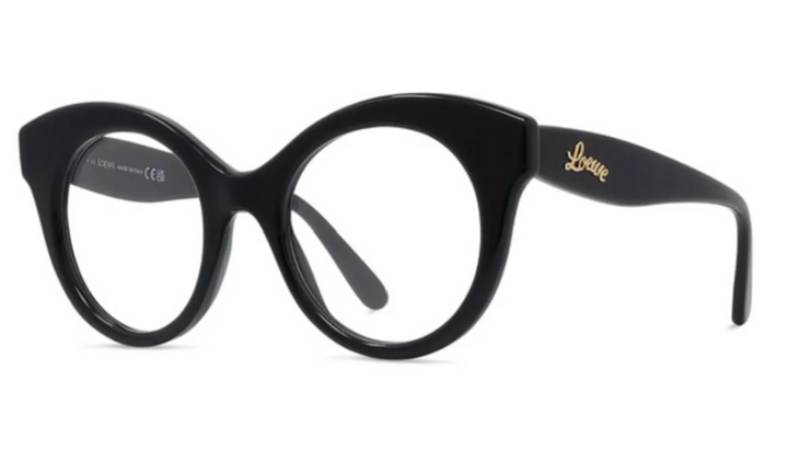 Loewe LW50074F black thick-rim eyeglasses with round frames and Labue logo on temple