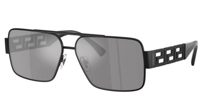 Versace VE2290 matte black square sunglasses with gray tinted lenses and temple detailing