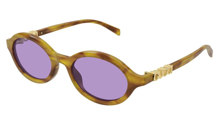 Gucci GG2153S oval sunglasses with tortoiseshell frame and purple lenses, gold logo on temple tips.