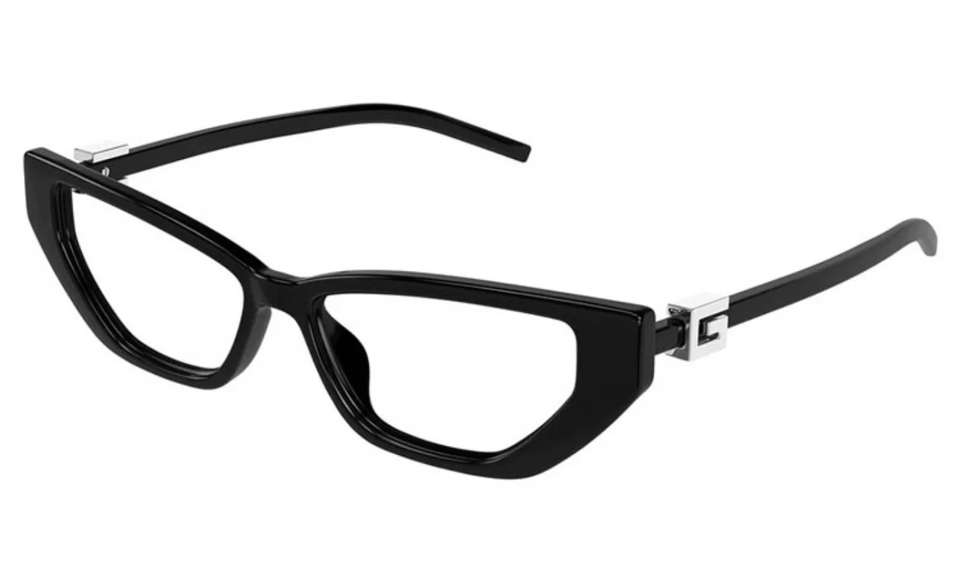 Black rectangular eyeglass frames with logo bridge detail, side view