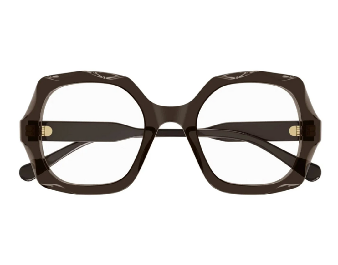 Dark brown oversized eyeglass frames, front view with Chloe logo on temples