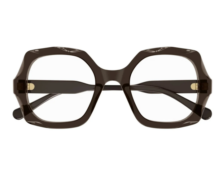 Dark brown oversized eyeglass frames, front view with Chloe logo on temples