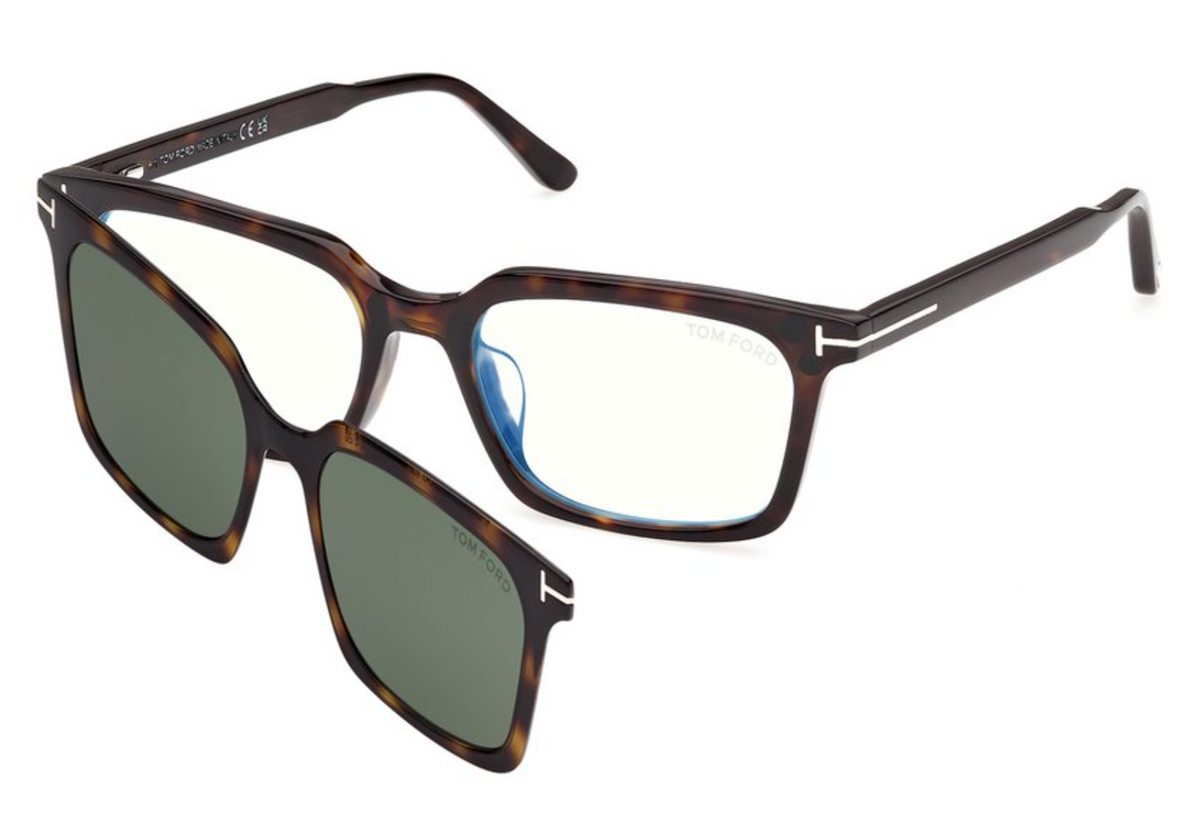 Rectangular dark havana clip-on sunglasses with dark green lenses and slim arms