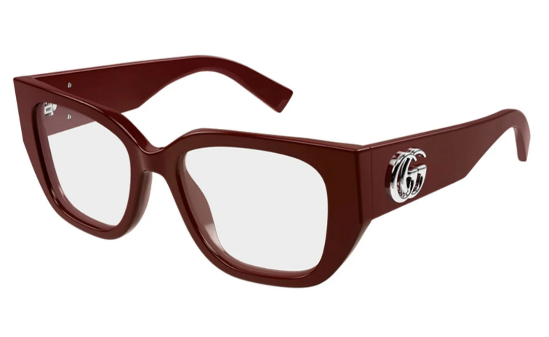 Burgundy square eyeglass frames with curved temple and logo detail