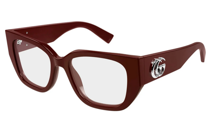 Burgundy square eyeglass frames with curved temple and logo detail