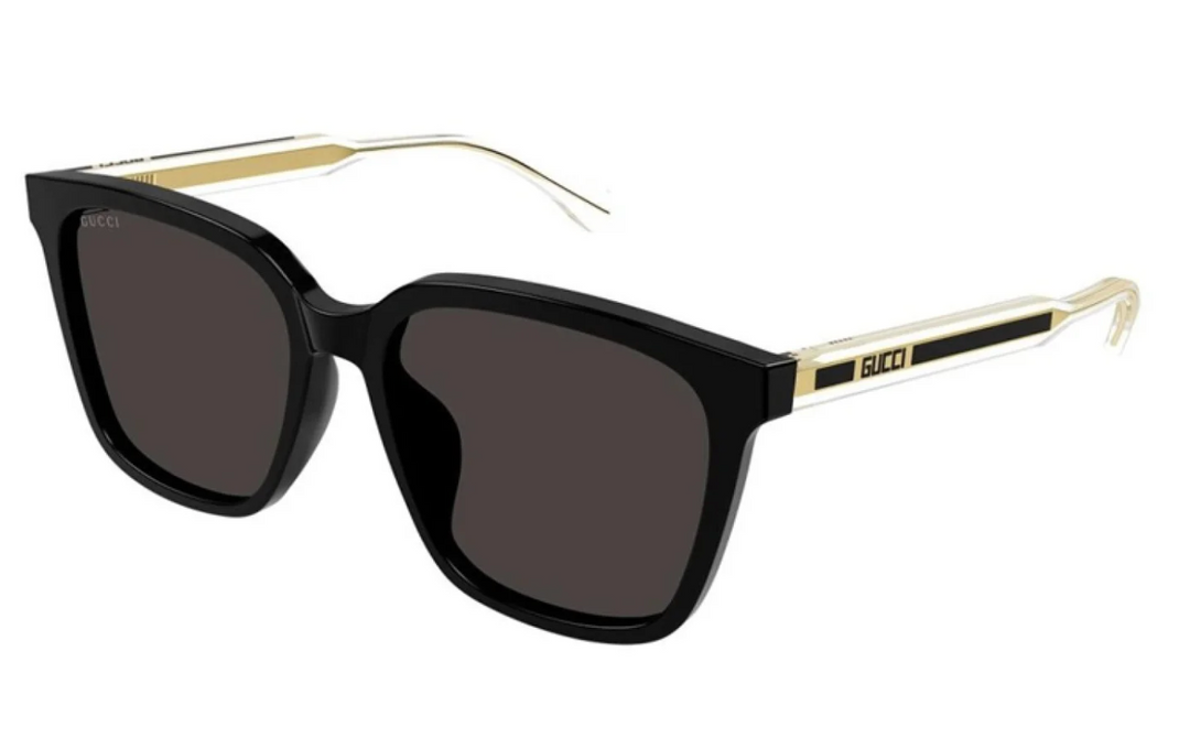 Square black sunglasses with dark lenses and gold-tone temple accents
