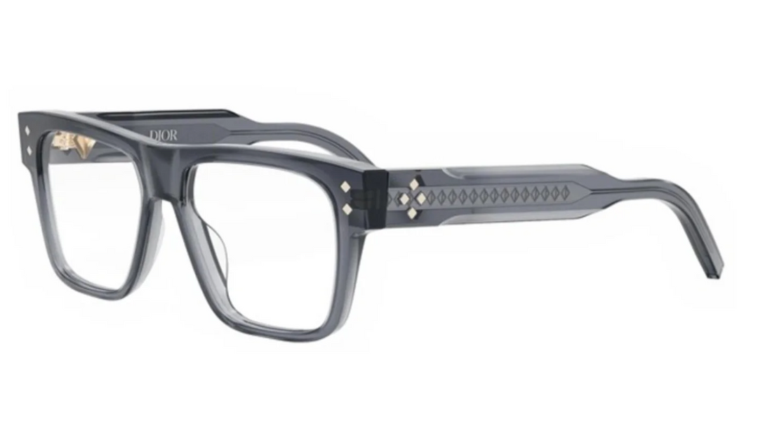 Grey square eyeglass frames with Dior logo and diamond-pattern temples