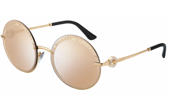 Round rose-gold sunglasses with mirrored rose lenses and black temples, BVLGARI logo