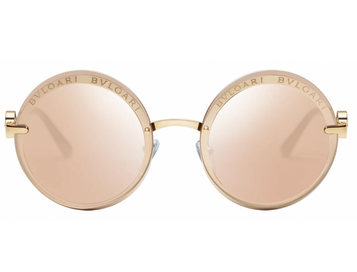 Front view round rose-gold sunglasses with mirrored rose lenses and BVLGARI logos