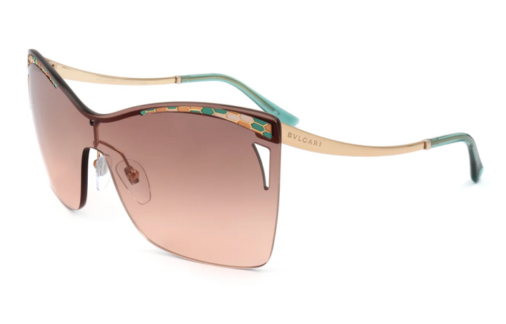 Gold-tone mask sunglasses with brown gradient lenses and logo on temple