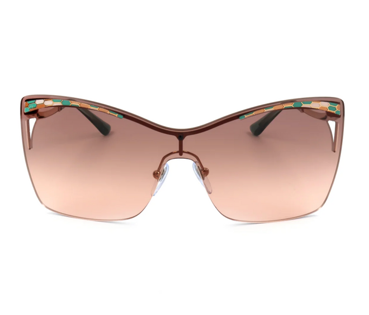 Gold-tone mask sunglasses with wide brown gradient lenses and colorful top trim