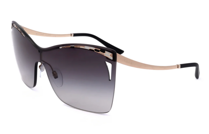 Gold and black frame mask sunglasses with dark gray gradient lenses
