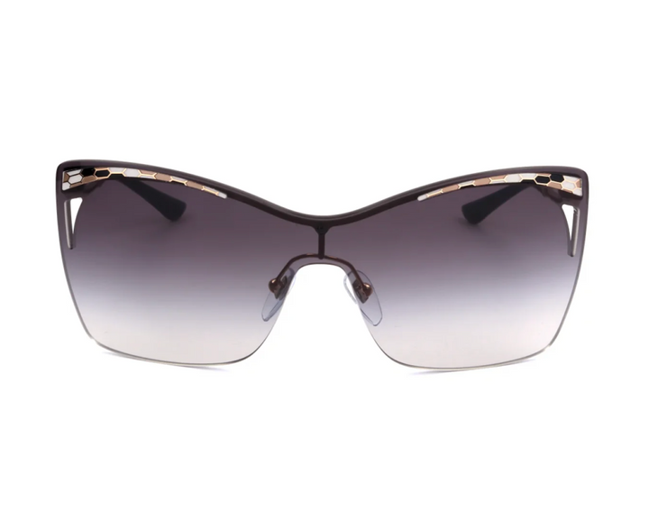Gold-accented black cat-eye mask sunglasses with dark gray gradient lenses