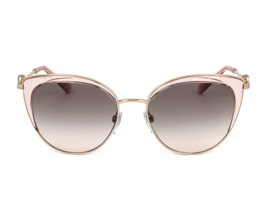 Gold cat-eye sunglasses with pink accents and dark gradient lenses, front view