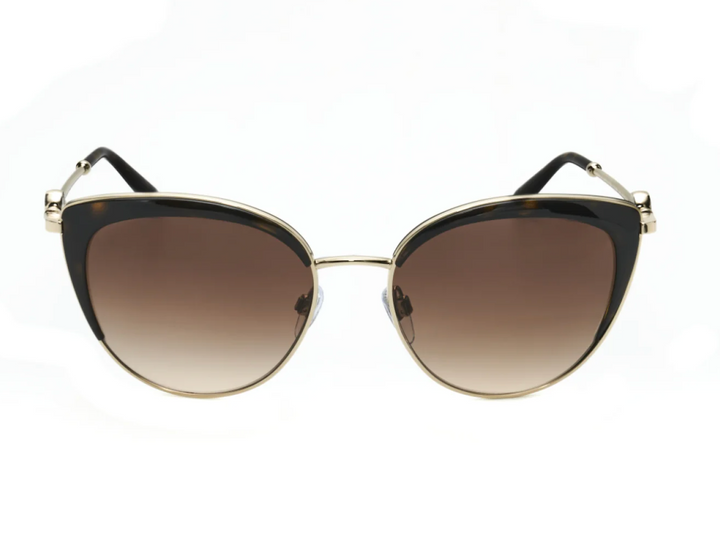 Cat-eye sunglasses, gold-tone frame with dark brown lenses and black temple tips