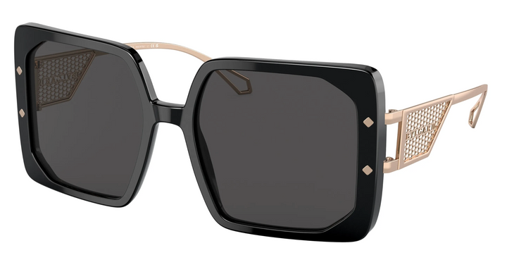 Oversized square black sunglasses with dark lenses and rose-gold mesh temples